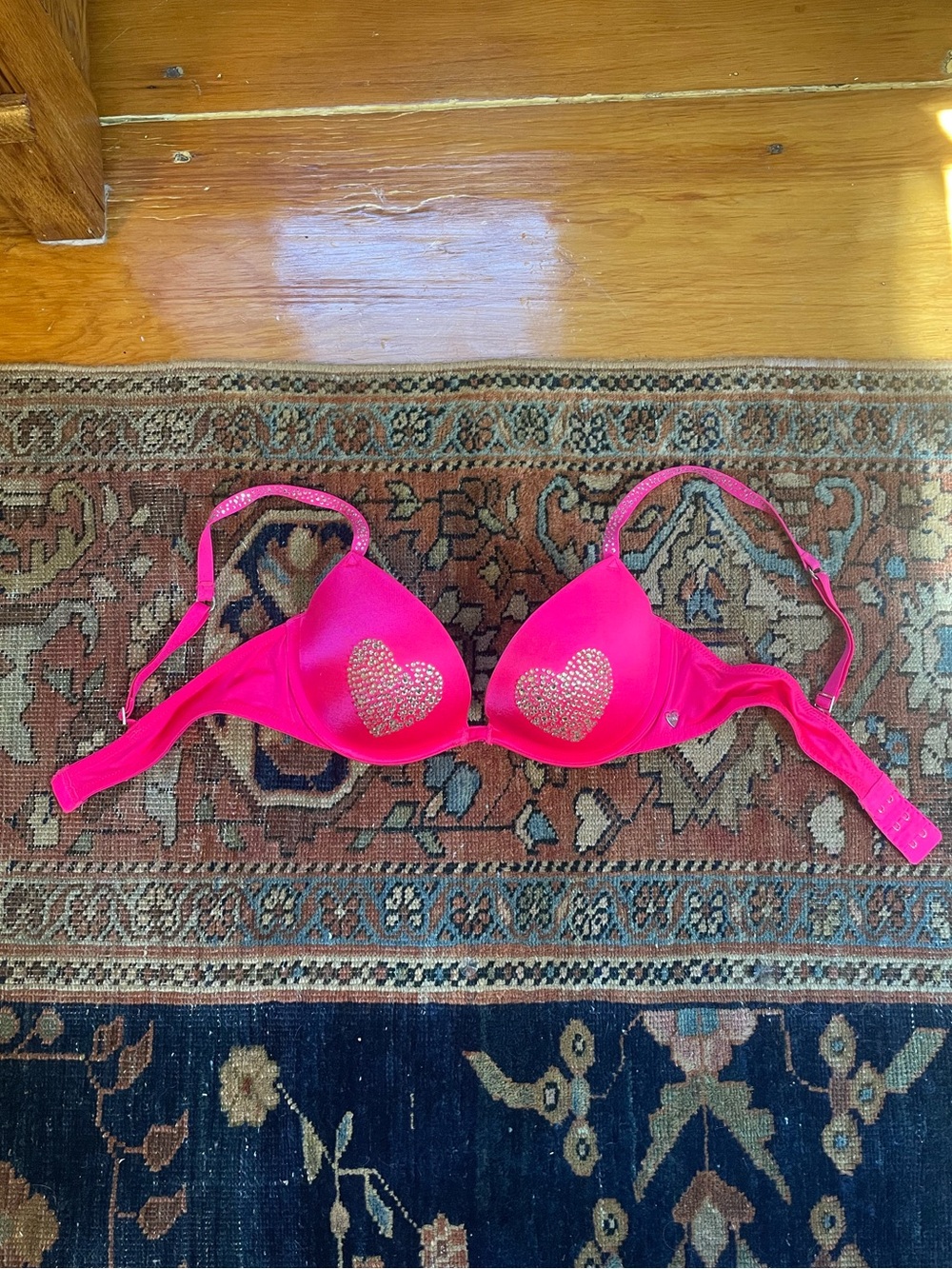 Y2K Pink Victoria Secret Heart Rhinestone Push Up Bra